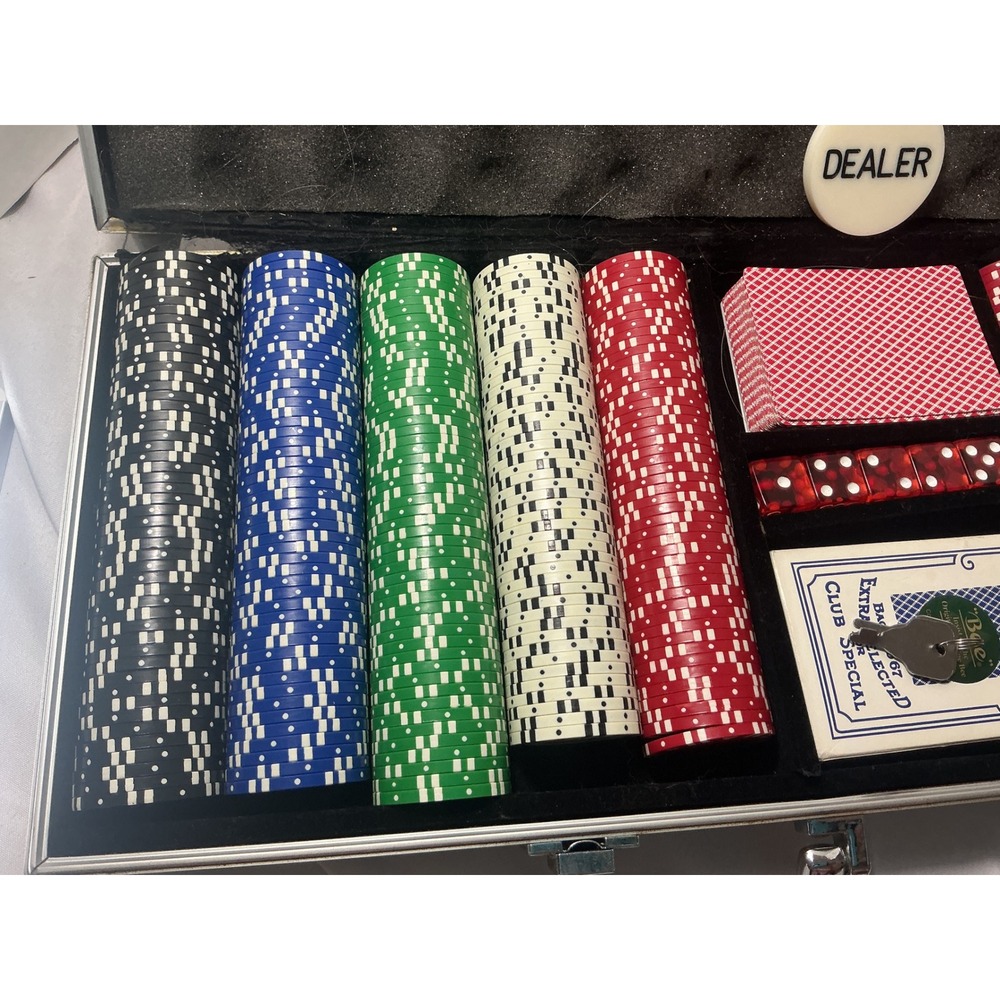 Used Piece Poker Chip Set with Aluminum Case Bee Playing Cards Dice Dealer Butto - Picture 7 of 11
